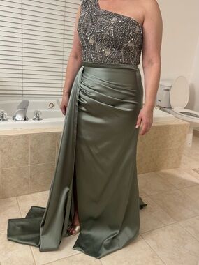 One-Shoulder Beaded Satin Evening Dress in Sage Green